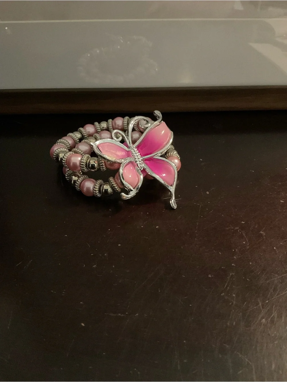 Pink Butterfly Beaded Stretch Bracelet. Double Strand Bracelet. NWOT.